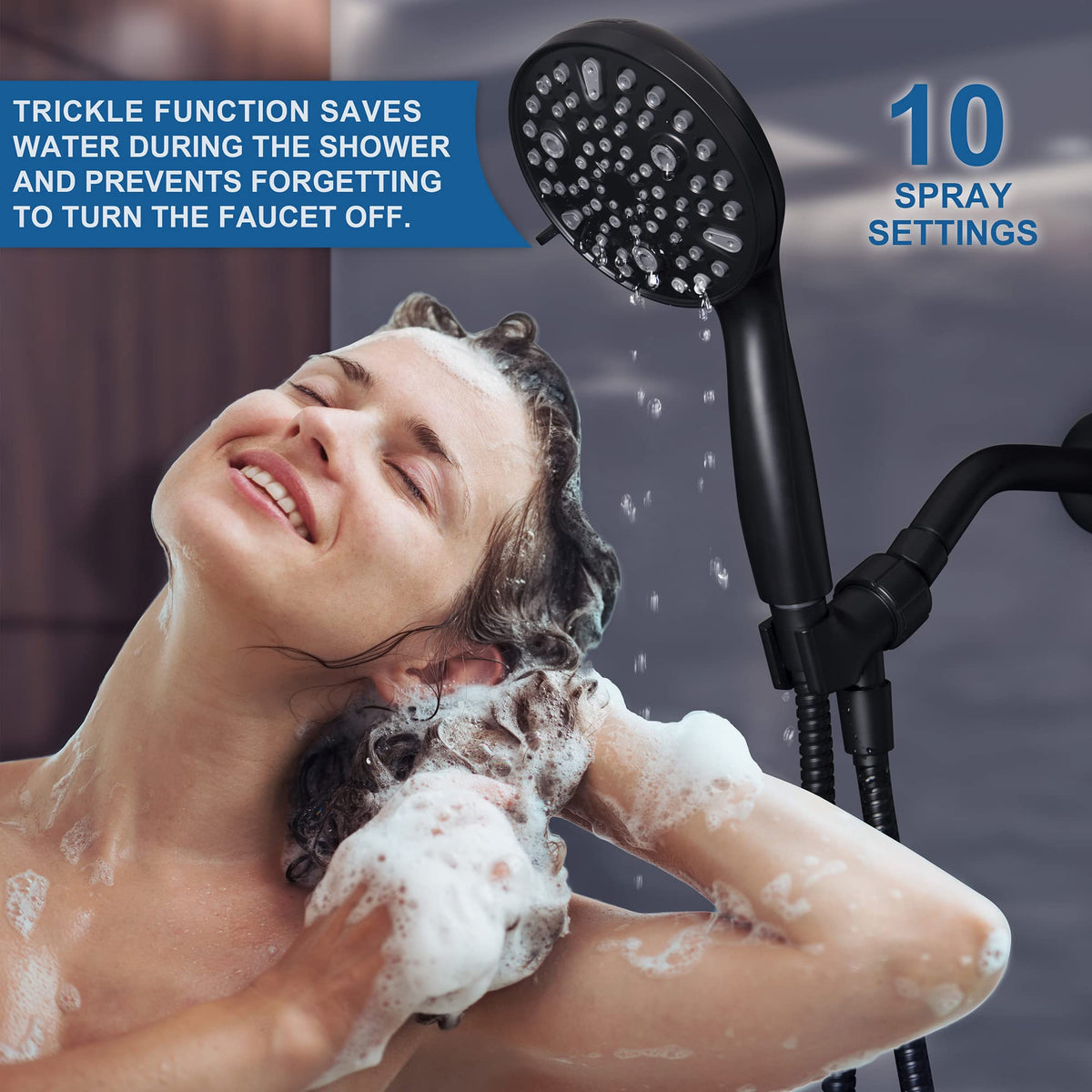 Shower Head with Handheld,High Pressure, 10 Spray Modes, Black