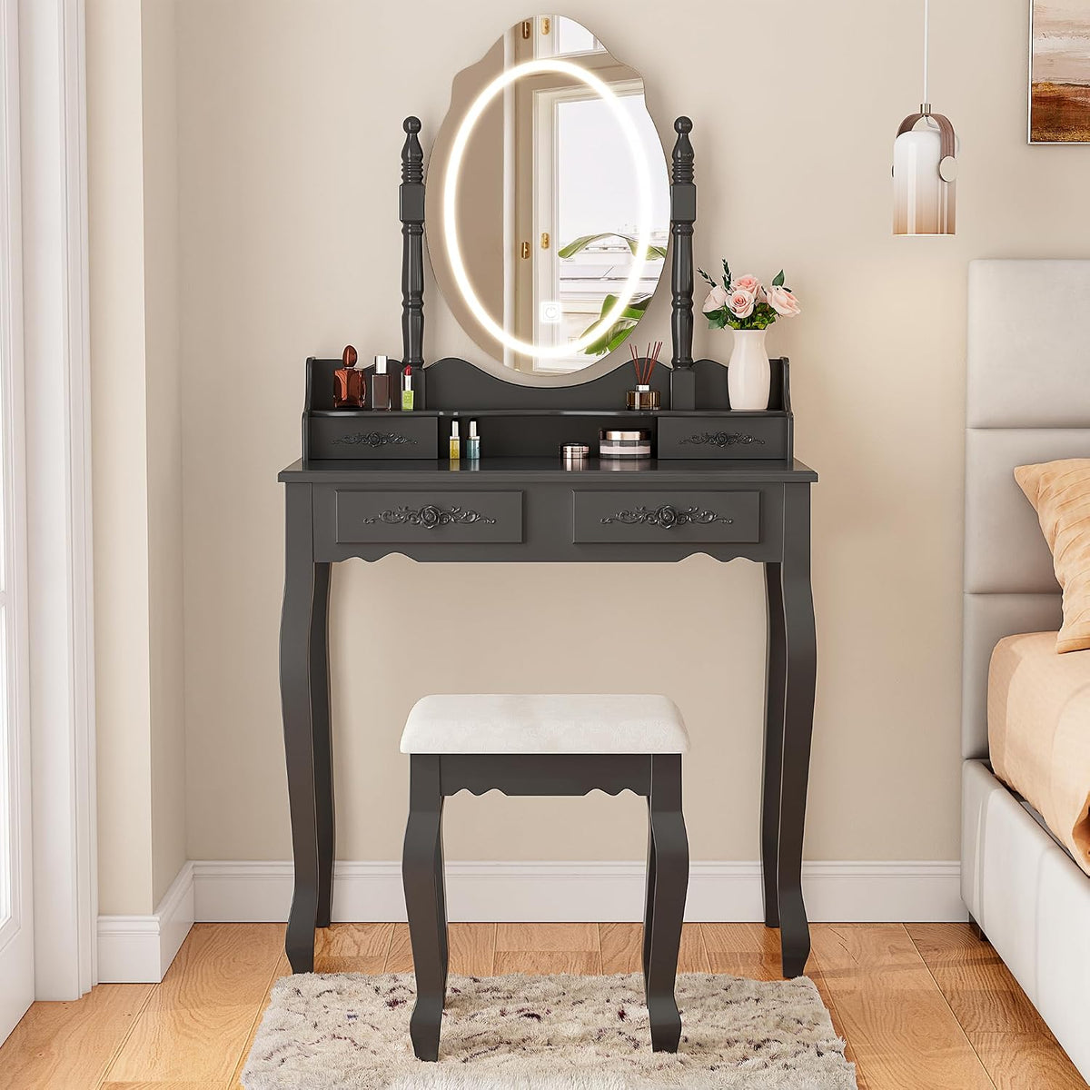 Vanity Desk with Mirror and Lights, Makeup Table with Cushioned Stool Set | Modern Vanity with 4 Drawers, 3 Color