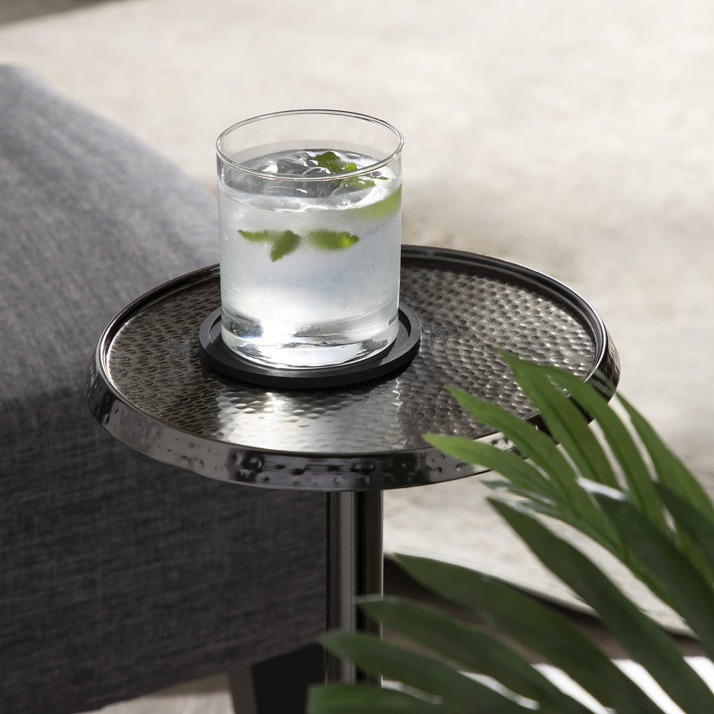 Inspired Saarinen Style Sanzo Modern Pedestal Side Table; 9 x 9 x 23; Pewter; Decorative with Hammered Tabletop