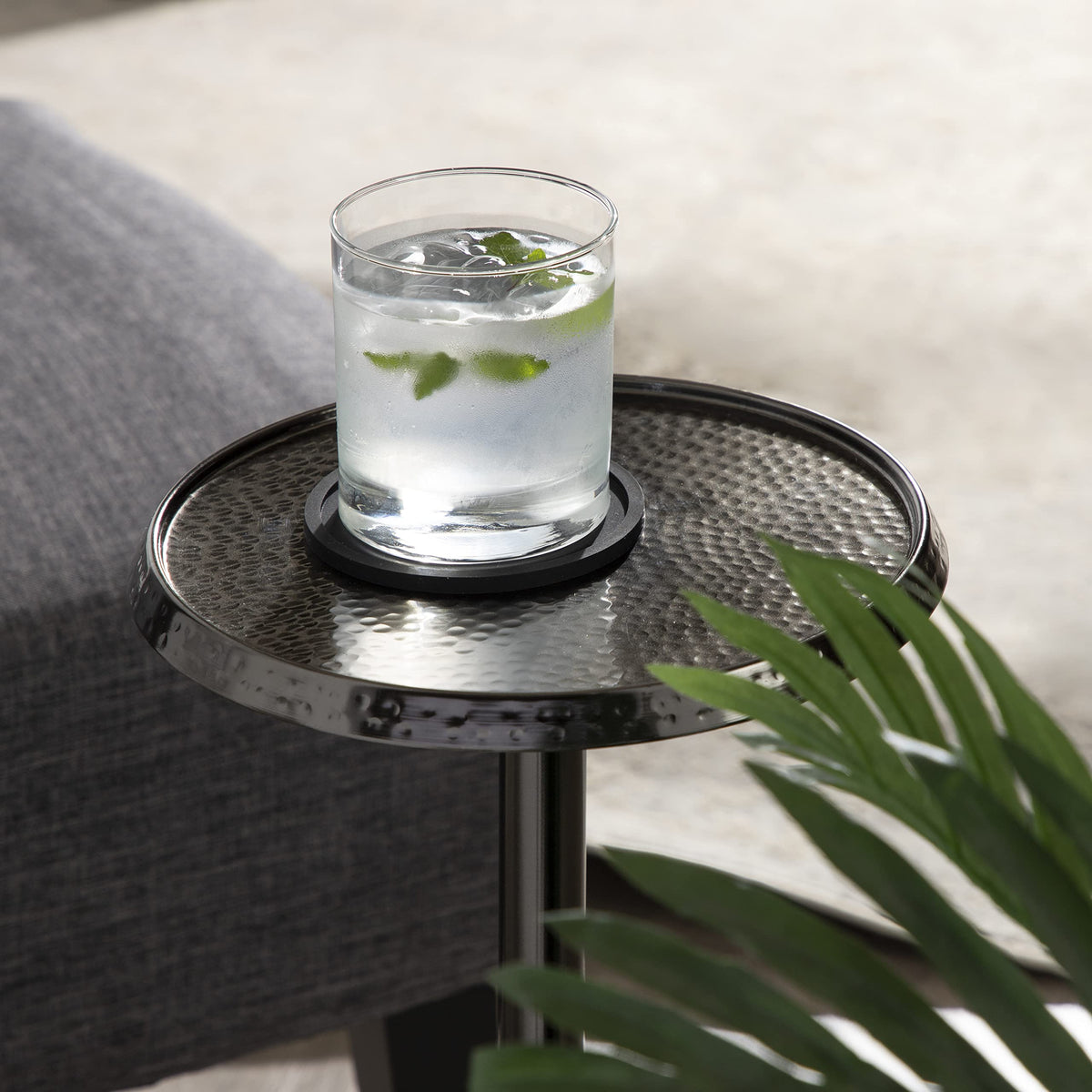 Inspired Saarinen Style Sanzo Modern Pedestal Side Table; 9 x 9 x 23; Pewter; Decorative with Hammered Tabletop