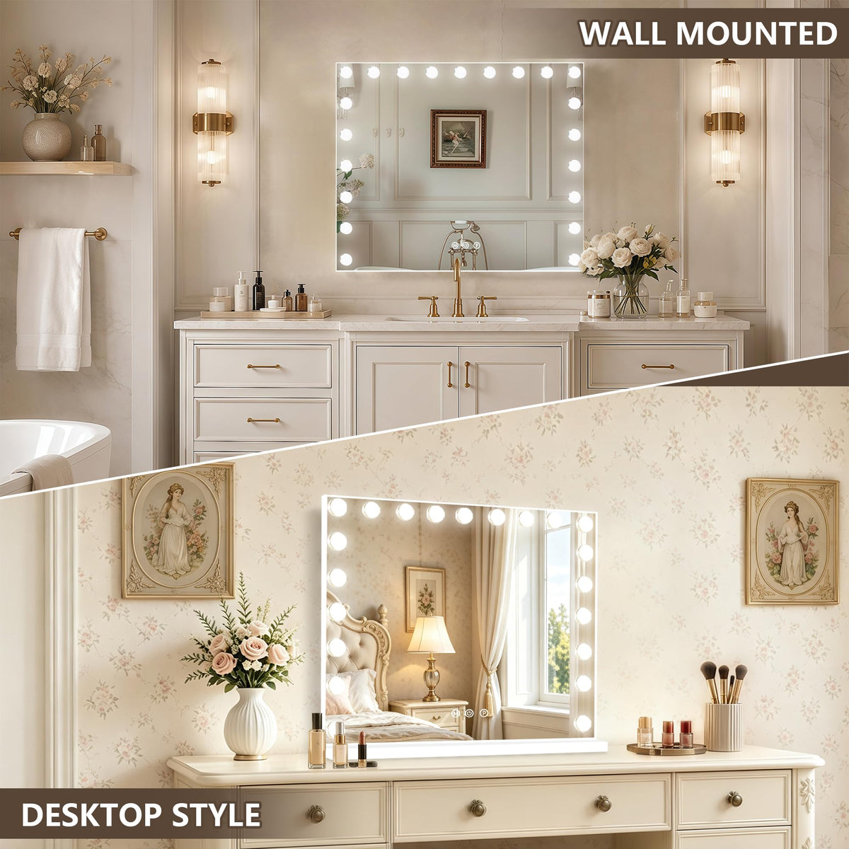 Hollywood Vanity Mirror with Lights, 21 Dimmable Bulbs, 3 Color Lights,Make Up Lighted Mirror, Aluminum Metal Frame