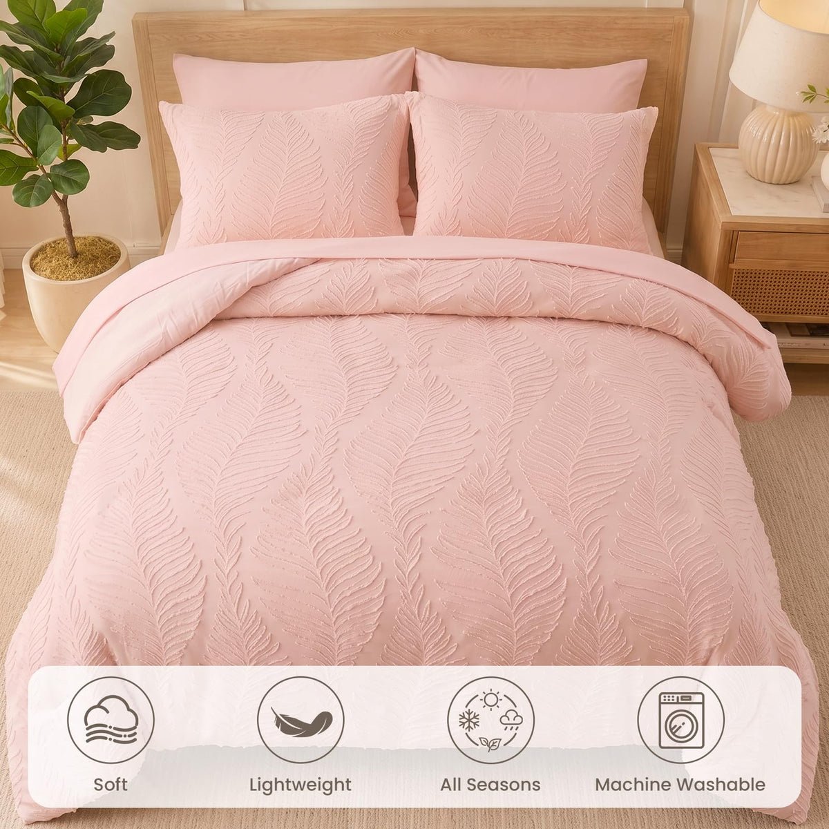 Queen Comforter Set Pink 7 Pieces Tufted Boho Comforter Set Leaves Floral Farmhouse Shabby Chic Bedding Sets for All