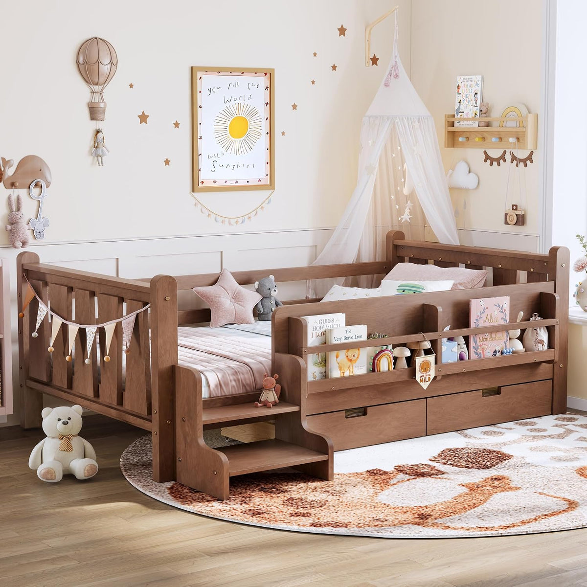 Floor Bed with Storage Bookcase and Drawers, Solid Wood Platform Bed with Guardrails, Cute Stair Design, Low