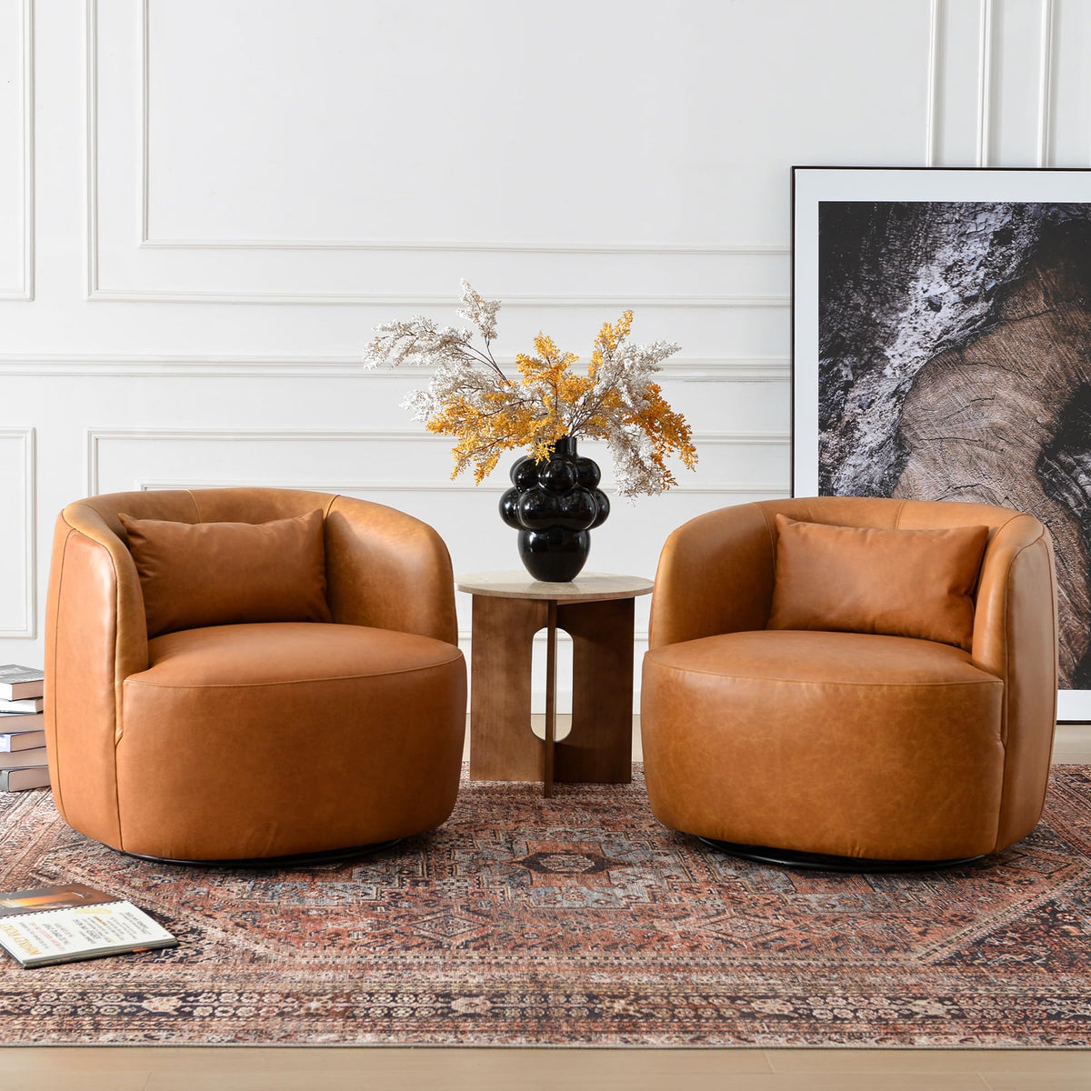 Set of 2 Top Grain Genuine Leather Upholstered Swivel Barrel Chair