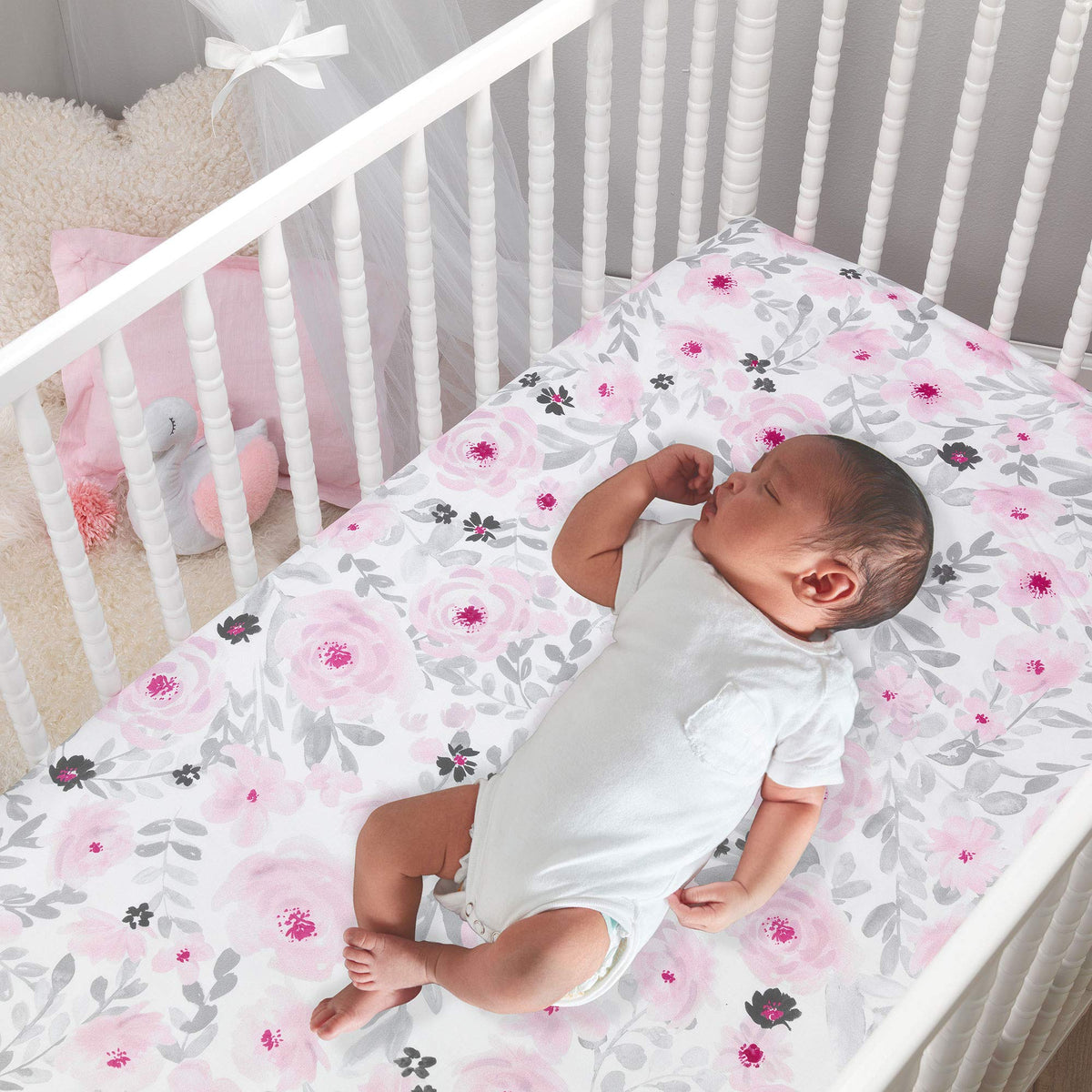 Blossom Pink Watercolor Floral 3-Piece Baby Crib Bedding Set