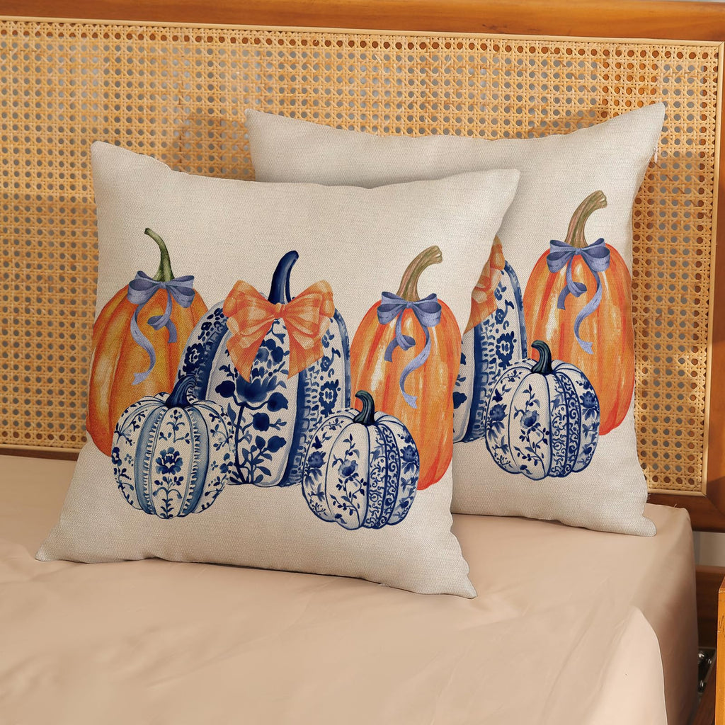 Fall Chinoiserie Pillow Covers 18x18 Set of 2 Blue and Orange Pumpkin Throw Pillows Grandmillennial Autumn