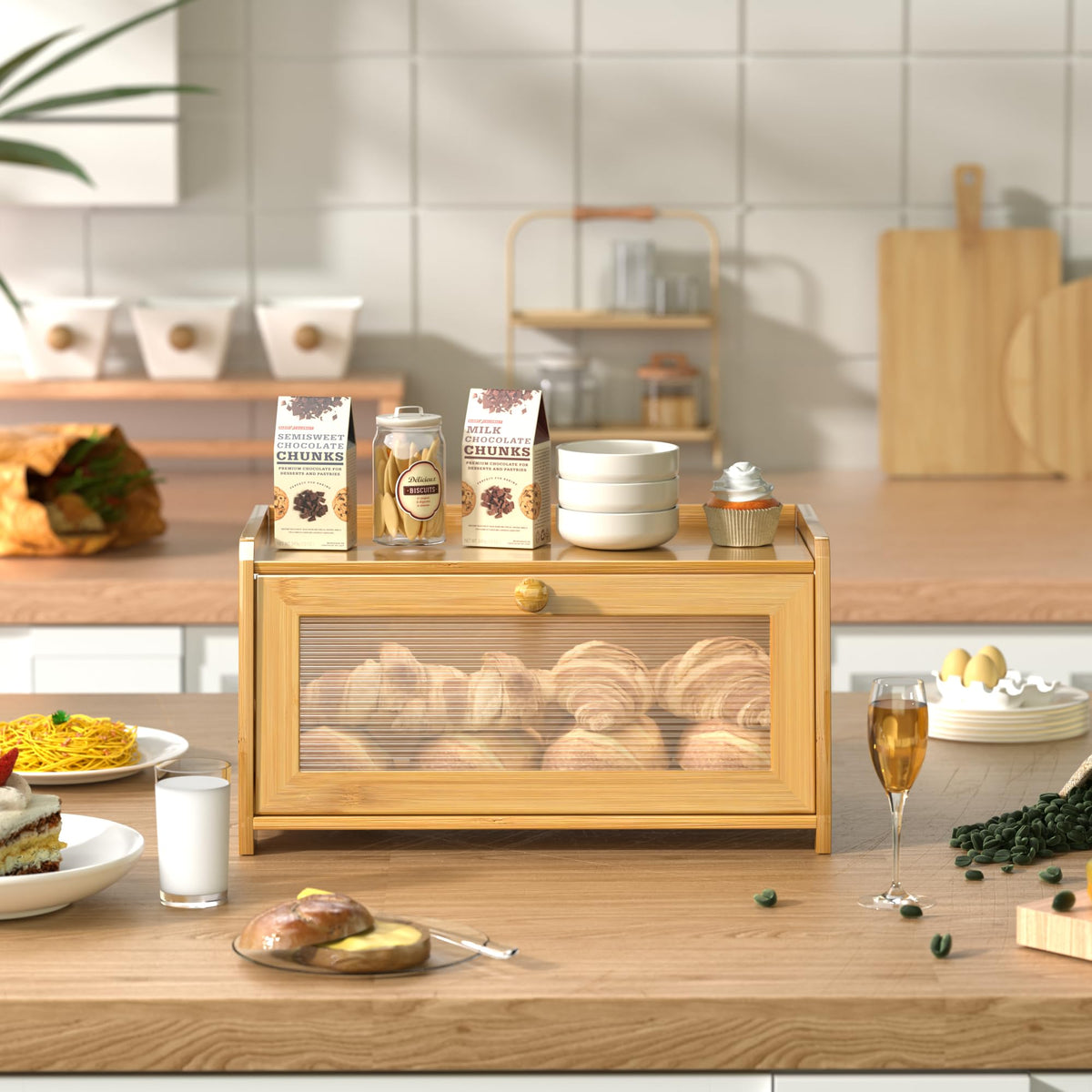 Countertop, Vintage Wooden Counter Breadbox, Bamboo Bread Storage Container Bin made Bread, Small Farmhouse Corner