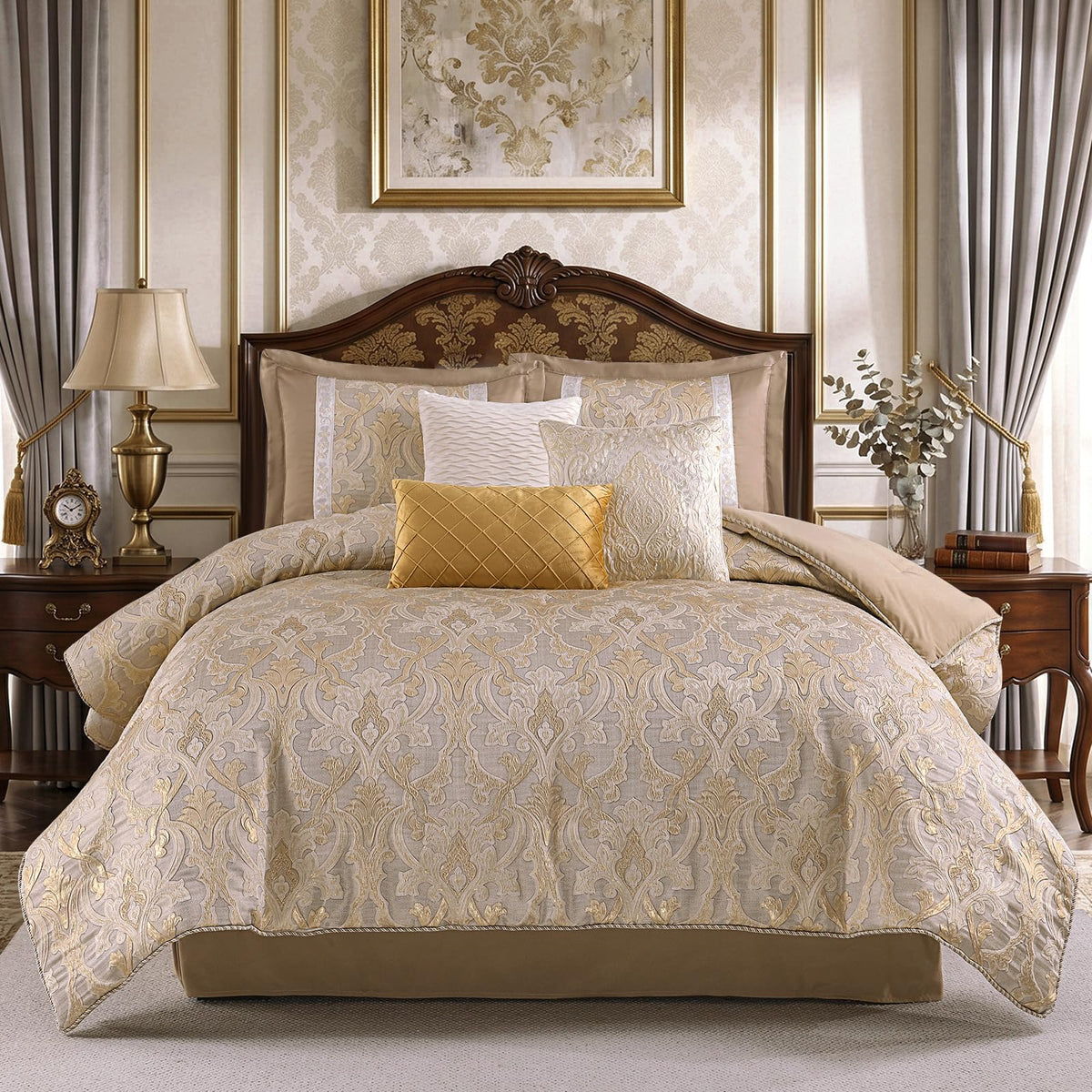 Beige Gold Comforter Set, Luxury 7PC Jacquard Bedding