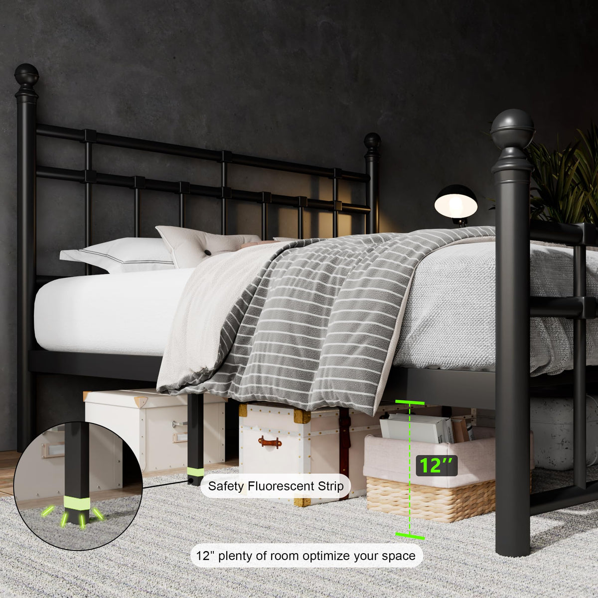 Metal Platform Bed Frame with Victorian Classic Iron-Art Headboard & Footboard, Steel Slats Support, 12" Under