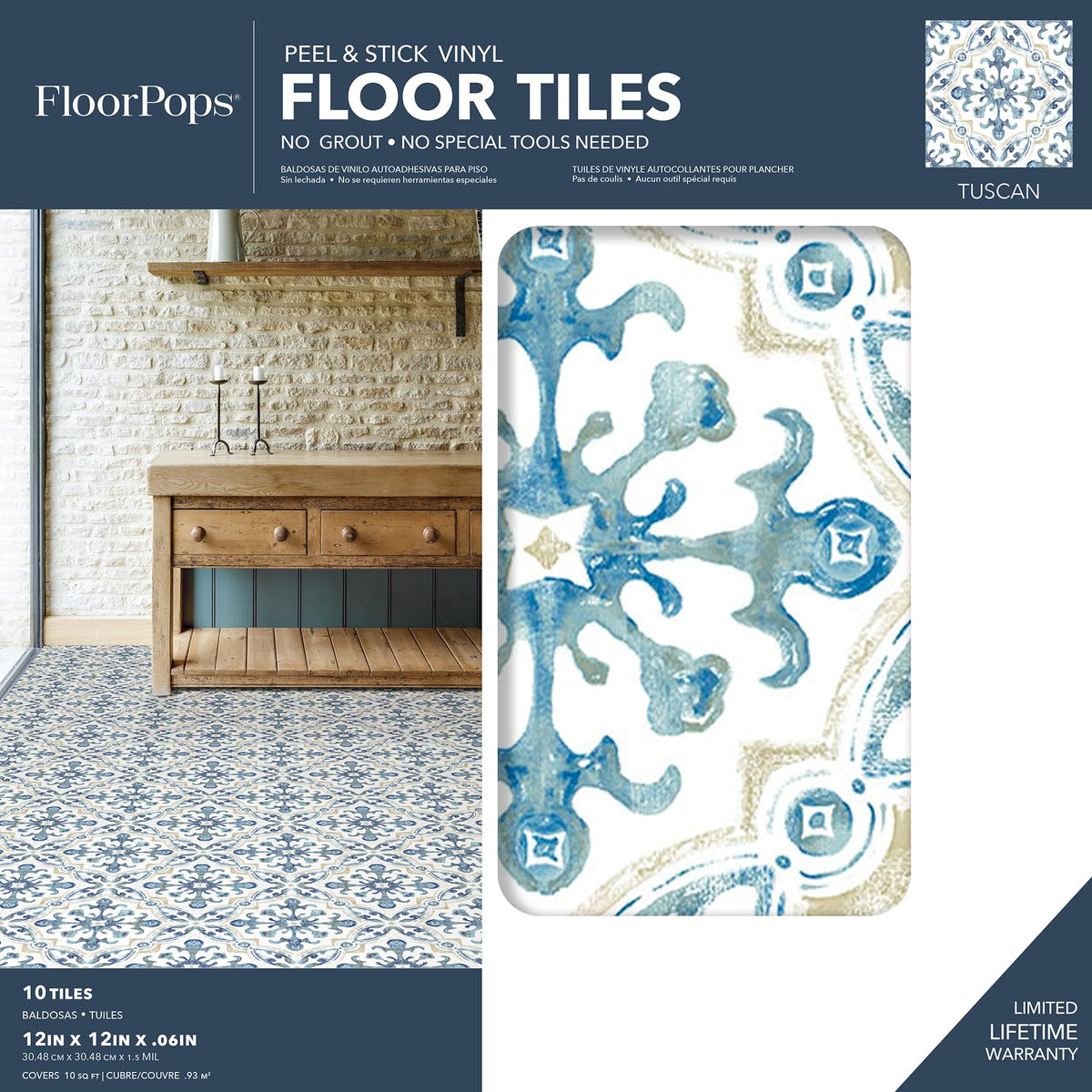 12-in by 12-in Tuscan Peel and Stick Floor Tiles (10 Tiles), (10 sq.ft./Carton)
