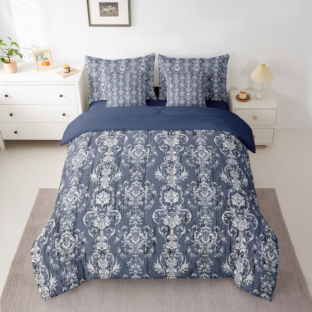 Damask Twin Comforter Set 7 Piece for Adults Women Men Gothic European Floral Bed in A Bag with Sheets Boho Baroque