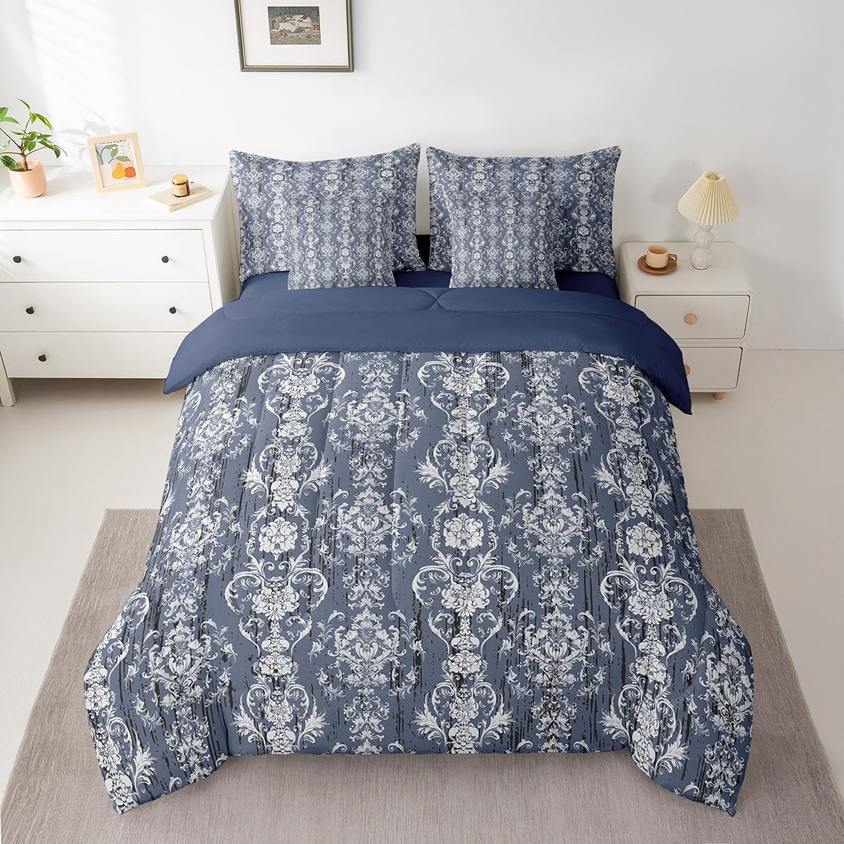 Damask Twin Comforter Set 7 Piece for Adults Women Men Gothic European Floral Bed in A Bag with Sheets Boho Baroque