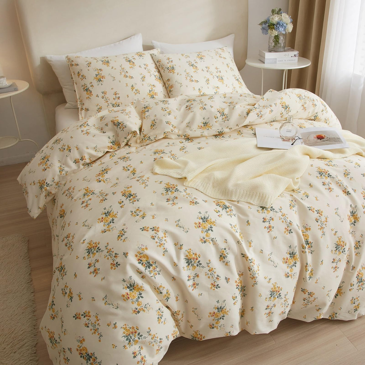 Vintage Yellow Floral Comforter Set King Garden Style Aesthetic Flower Comforter for King Bed Fluffy Lightweight Chic