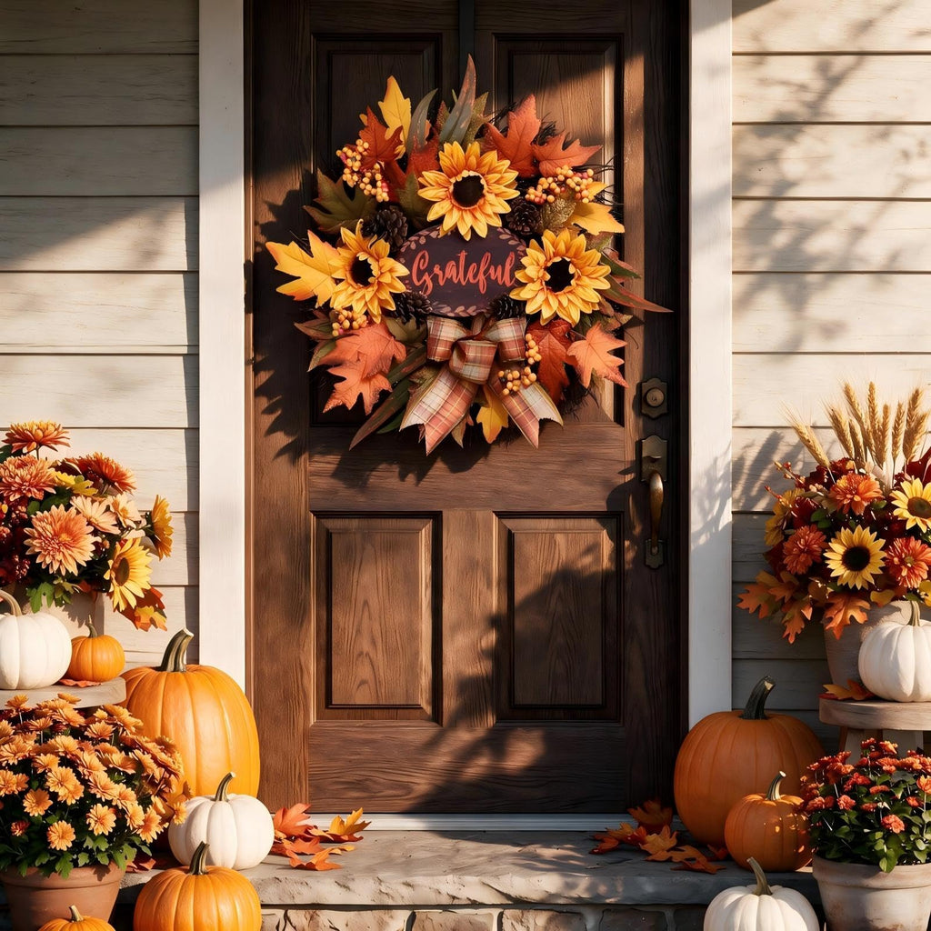 Fall Wreath for Front Door, Autumn Sunflower Wreath, Harvest Decor