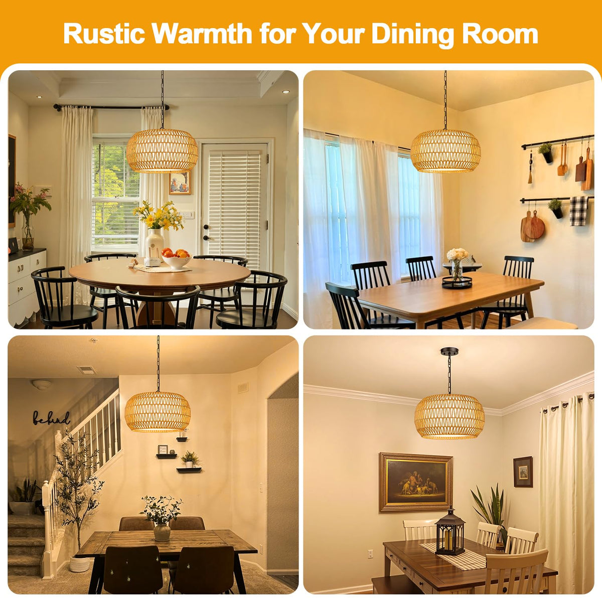 19" Rattan Chandelier, Woven Boho Dining Room Light Fixture