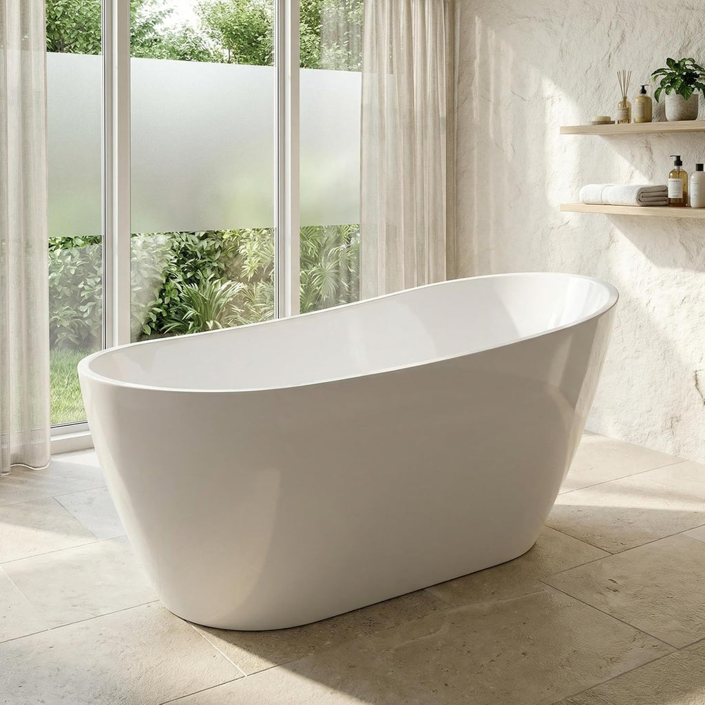 67" Freestanding Bathtub, Black Exterior White Interior Acrylic Stand Alone Soaking Tub, Modern Oval Bath with Ergonomic Design and Chrome Drain for Bathroom Remodel and Home Spa