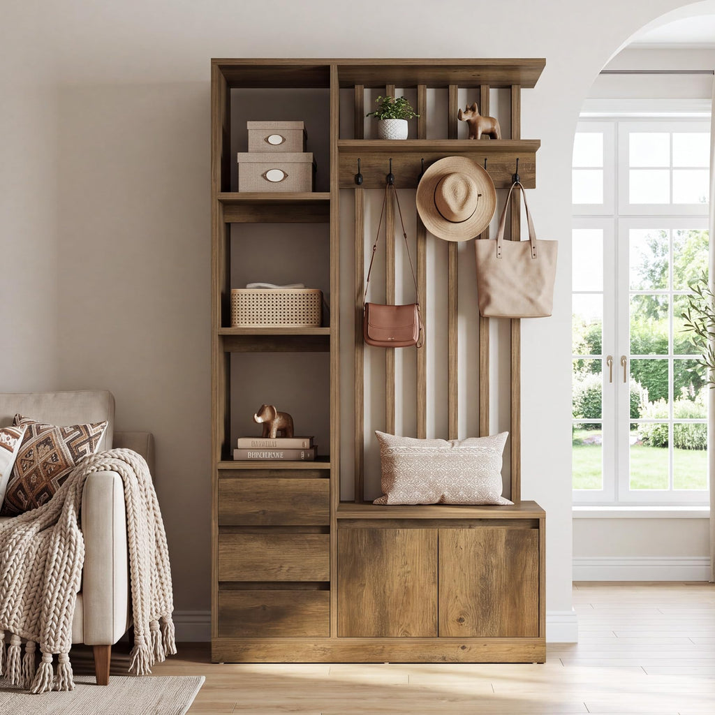 Hall Tree with Bench and Shoe Storage, Farmhouse Entryway Bench