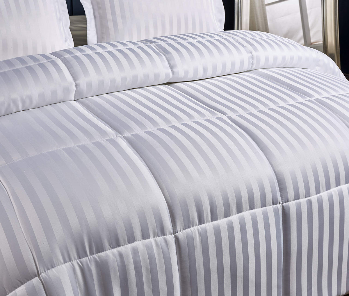 Microfiber Damask Stripe/Solid Reversible Down Alternative Comforter Set - All Season Warmth, Twin, White