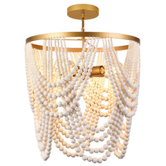 Bohemia Wood Beaded Chandelier - Boho 5-Light Gold and Oak Finish Beaded Light Fixture for Dining, Living, Bedroom