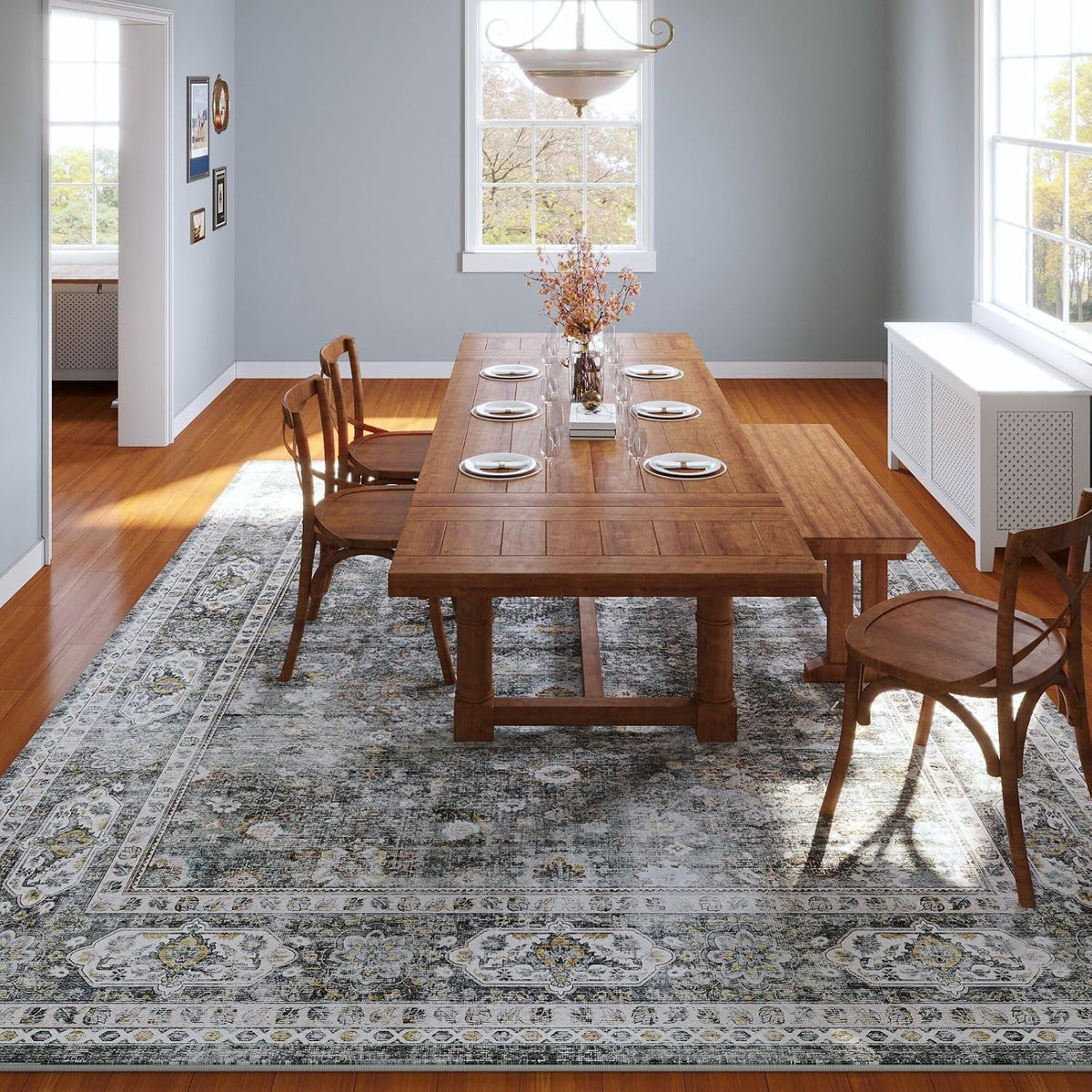 Large Living Room Rug Washable Non Slip Vintage, Grey