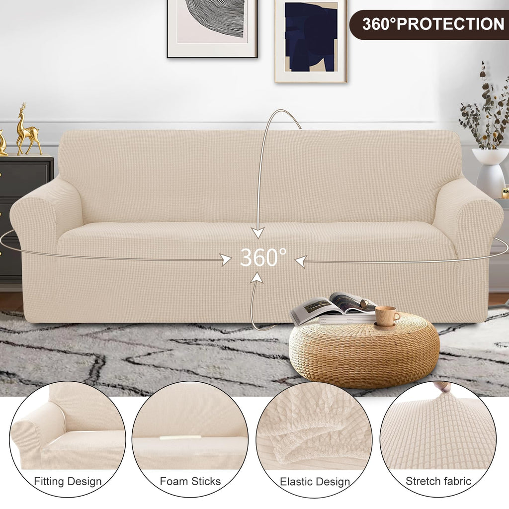 4 Seater Stretch Couch Cover for 3 Cushion Sofa, Beige