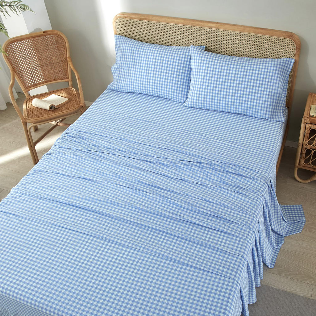 Blue Gingham Sheets Set, 100% Washed Cotton Blue Plaid Bed Sheets, Breathable Comfy Vintage Checkered