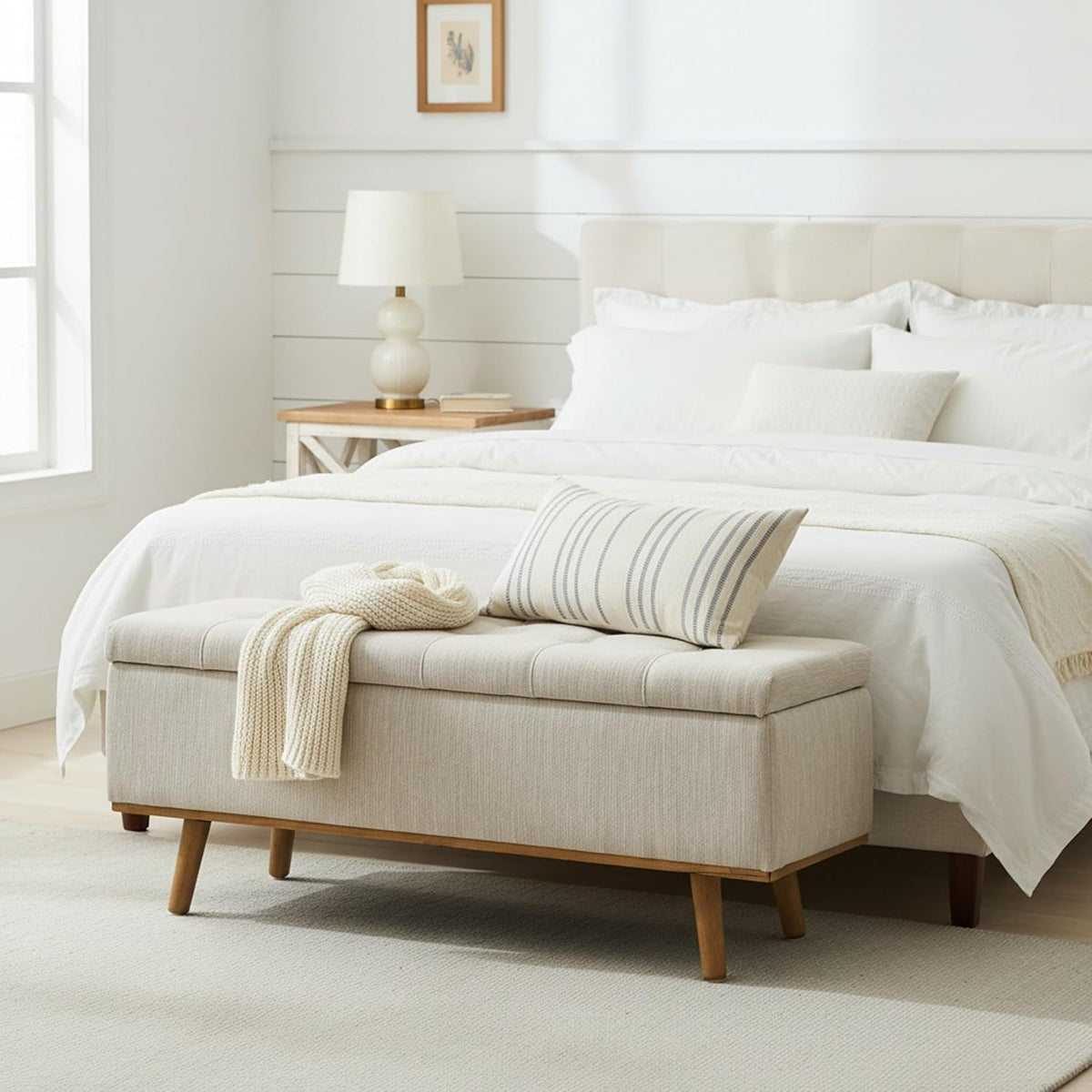 Storage Ottoman Bench, 45" End of Bed Bench, Beige | Hidden Storage Space, Linen Upholstery, Padded Cushion Top