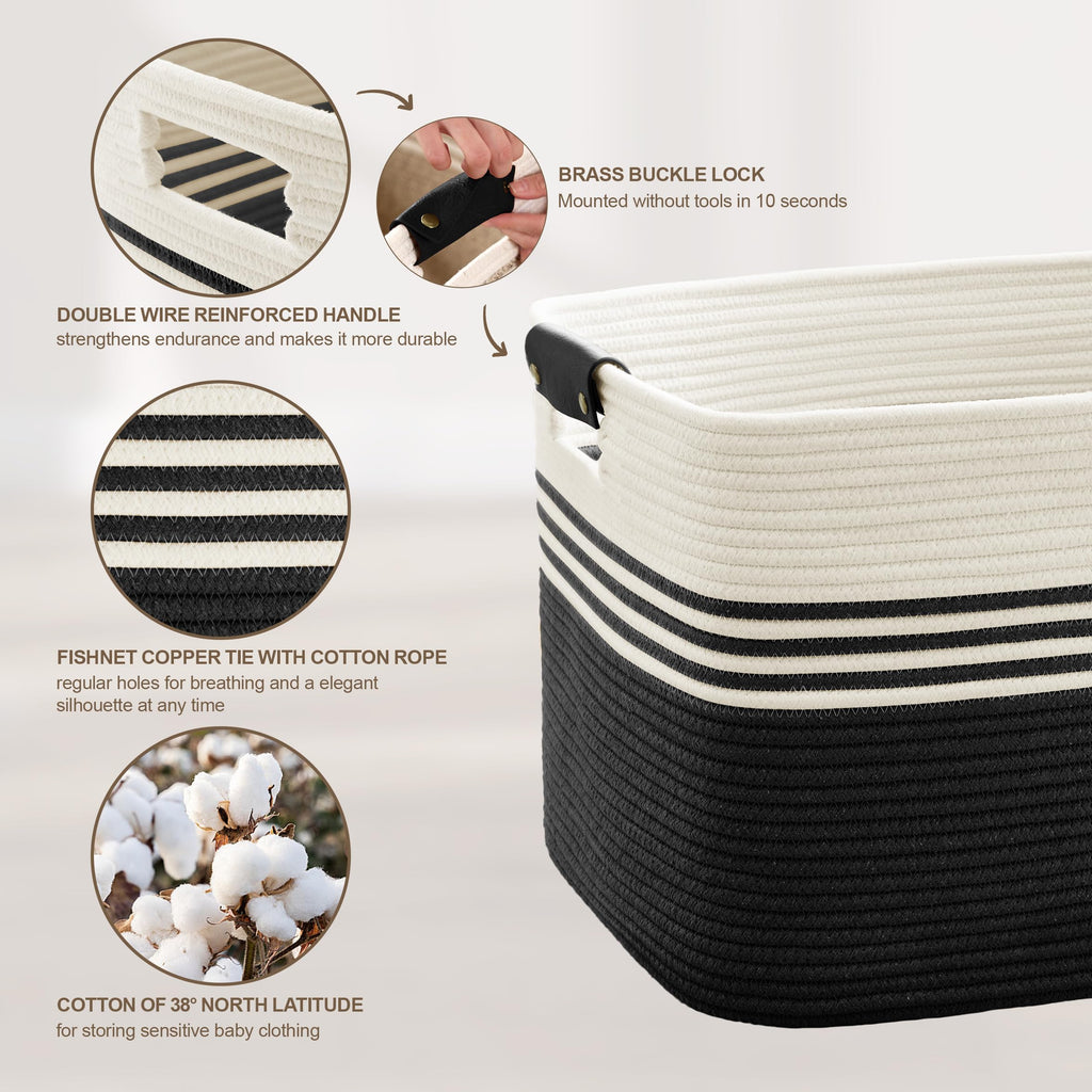 72L Large Woven Laundry Basket Hamper with Leather Handles,Black