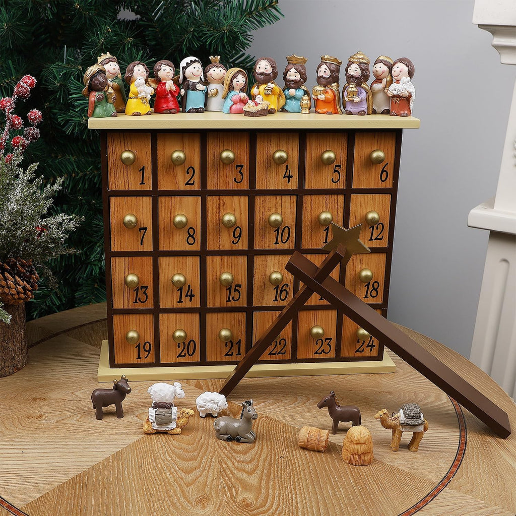 Nativity Advent Calendar, Countdown to Christmas Advent Calendar with 24 Pieces Figures & 24 Drawers, Christian