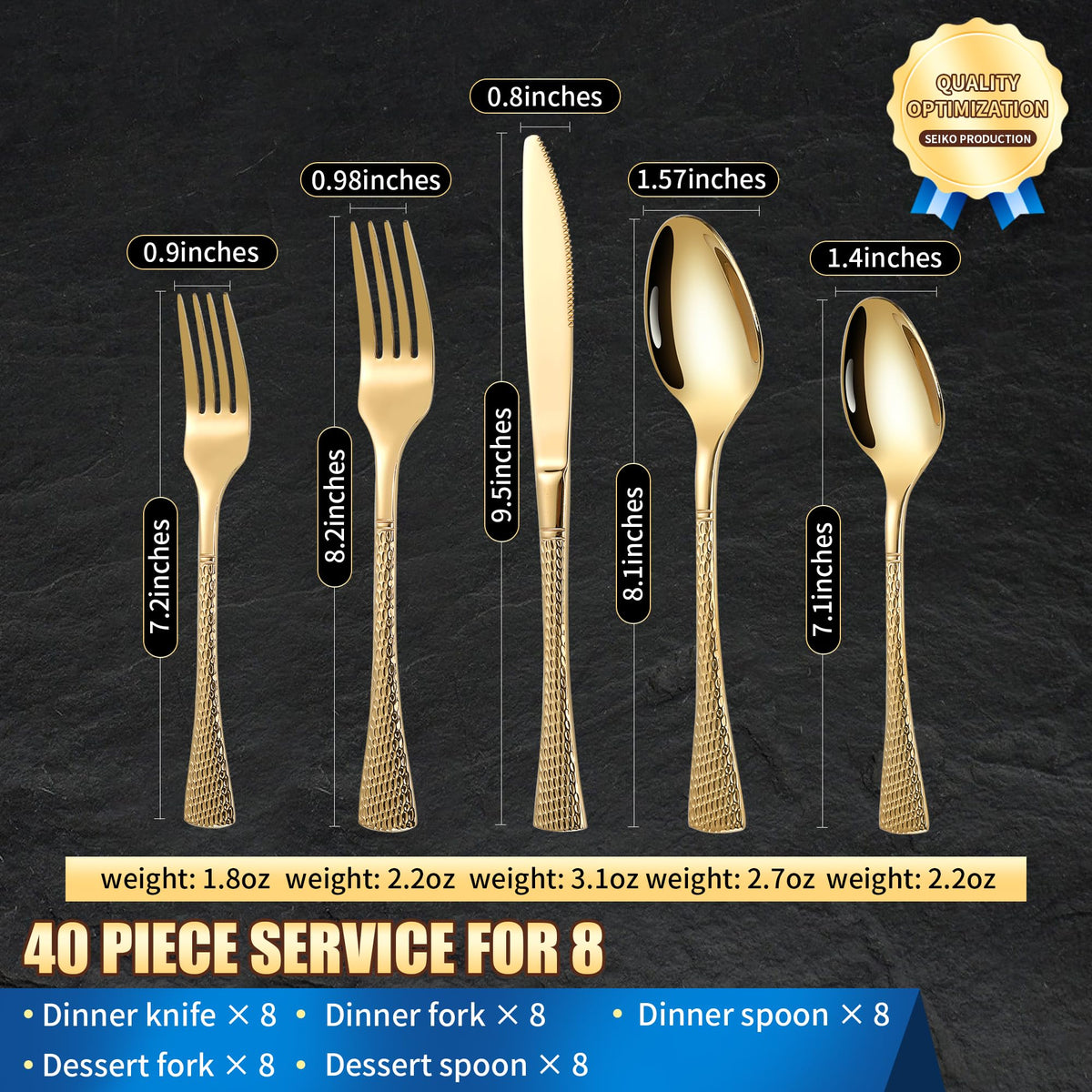 Hammered Gold Silverware Set for 8,Stainless Steel 40-Piece Modern Cutlery Set,Mirror Polished Heavy Duty Flatware