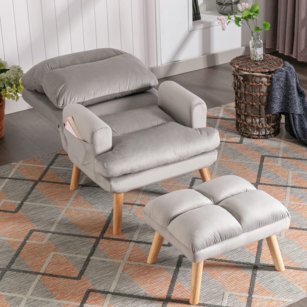 Modern Accent Chair with Ottoman, Soft Fabric Armchair with Adjustable Backrest and Side Pockets, Comfy Lounge Chair