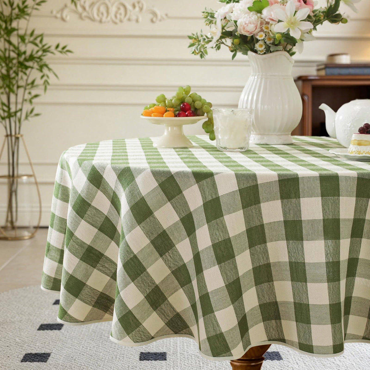 Green Gingham Round Tablecloth 60 Inch, Spring Checkered Circle Table Cloth Washable Wrinkle Free, Cotton Linen