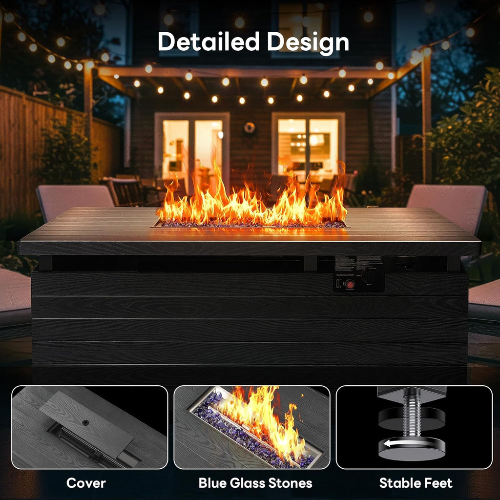 50” Outdoor Propane Fire Pit Table, 50,000 BTU Rectangular Gas Fire Pit with Lid & Blue Crystal Stones, Steel Tabletop, Adjustable Flame, 4-in-1