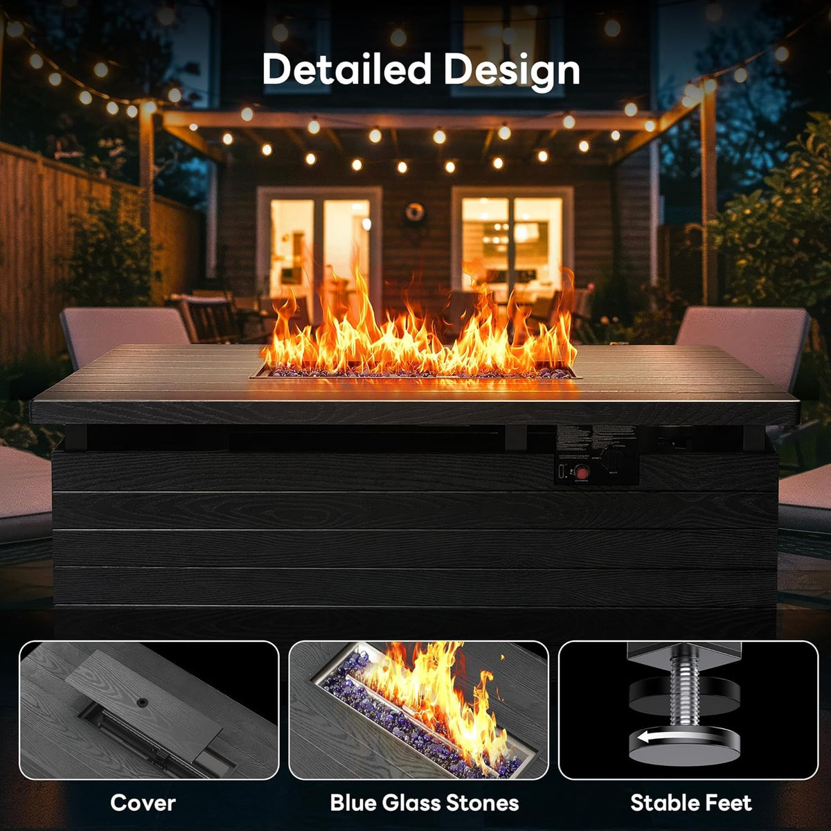 50” Outdoor Propane Fire Pit Table, 50,000 BTU Rectangular Gas Fire Pit with Lid & Blue Crystal Stones, Steel Tabletop, Adjustable Flame, 4-in-1