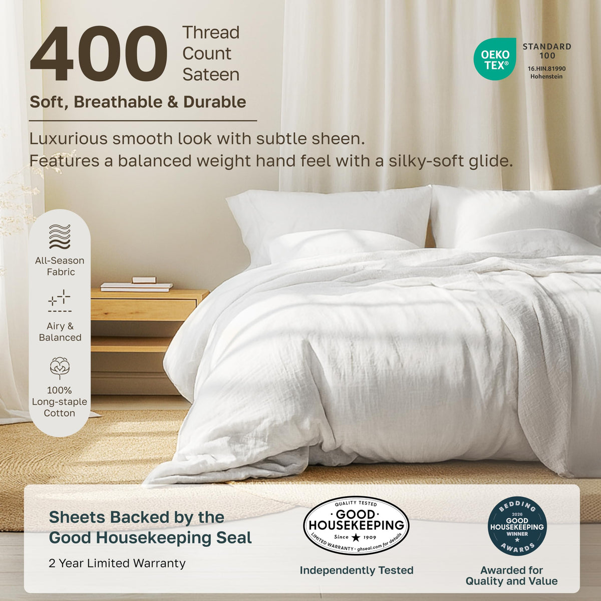 100% Cotton Sateen Bedding Sheets Set, White