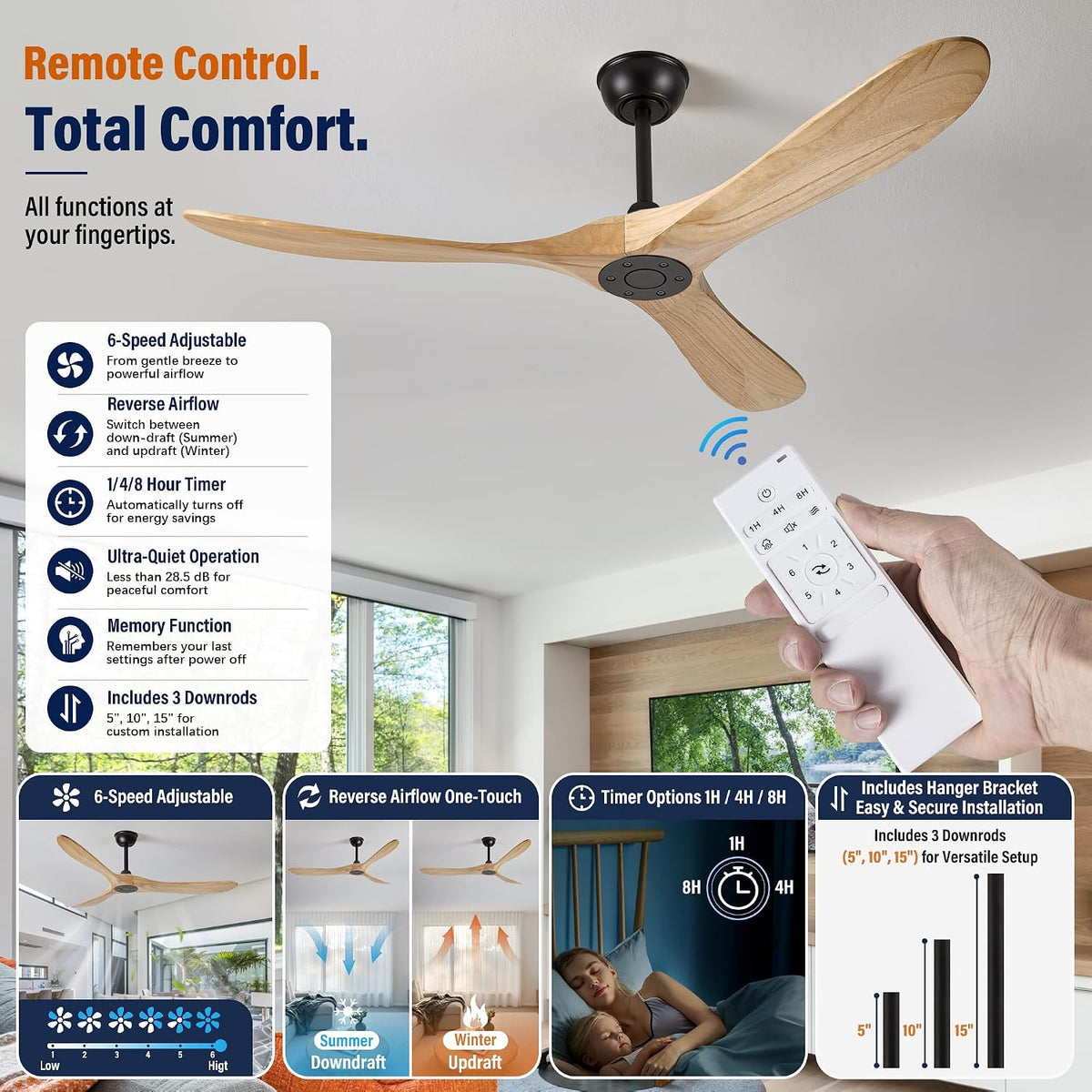 Inspired Maverick Style 60" Ceiling Fan No Light, 3 Solid Wood Blades, Matte Black Motor, Quiet Reversible DC Motor with Remote Control