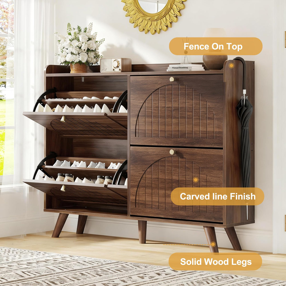 47.2" Shoe Cabinet with 4 flip-Down Drawers, Three Adjustable Levels, freestanding Wooden Shoe Rack, Suitable, and