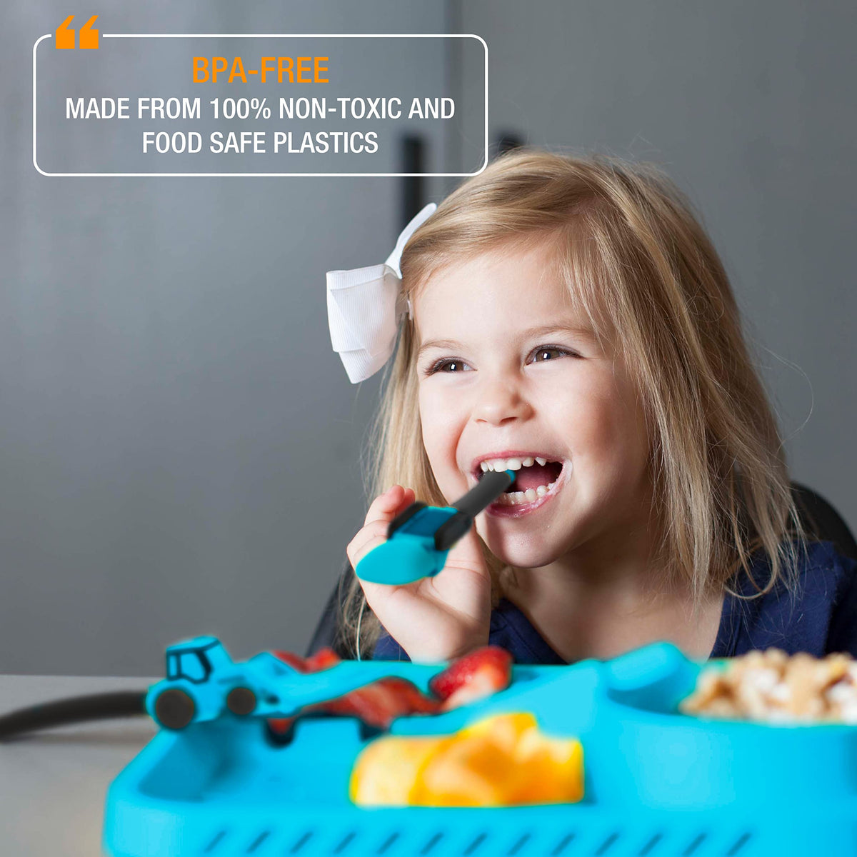 2-Piece Construction Themed Toddler Utensil Set - Blue Plastic Tractor Fork & Loader Spoon