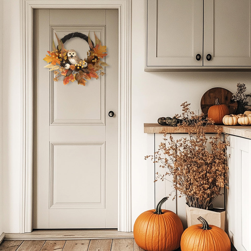 18'' Fall Wreath for Front Door with Owl Pumpkin