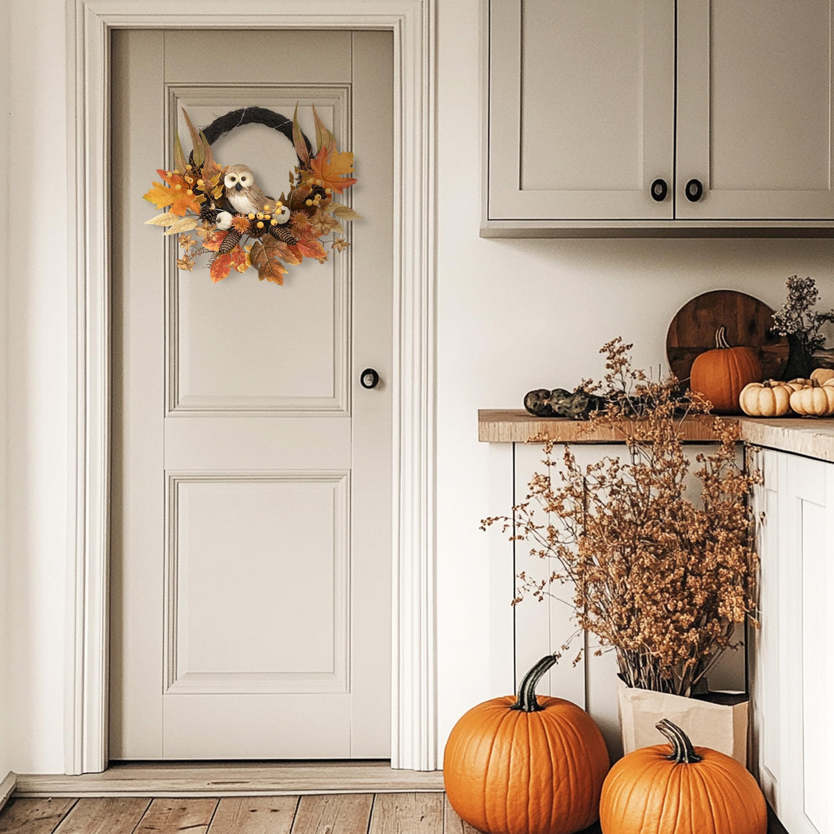 18'' Fall Wreath for Front Door with Owl Pumpkin