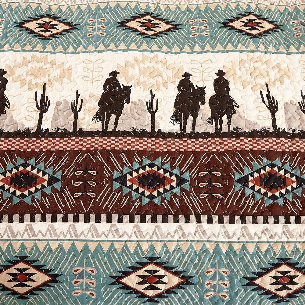 WPM Western Teal/Beige/Burgundy Cowboy Desert Southwestern Print Bedspread 3 Piece west Theme Cabin Lodge Ranch