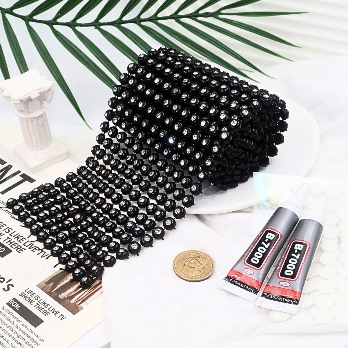 Black White Sparkling Rhinestone Ribbon Mesh Rhinestone - 1 Yard