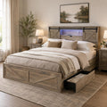 Farmhouse Bed Frame with Barn Door Headboard and Drawers, Grey