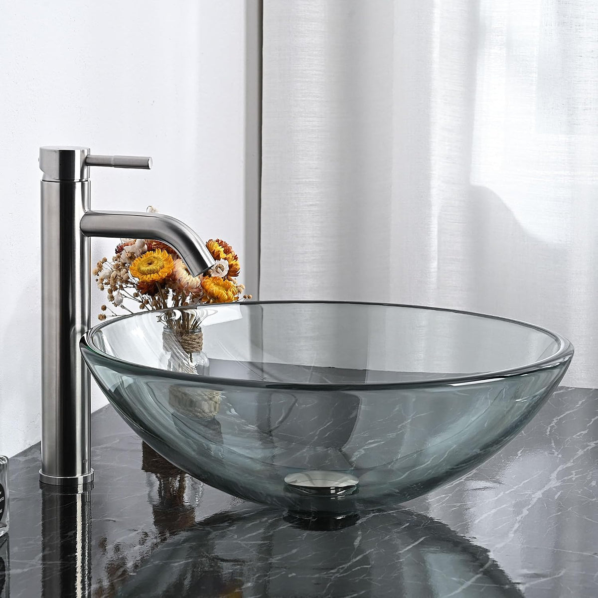Tempered Glass Bathroom Vessel Sink 16" Round Countertop Vanity Basin Bowl Transparent Minimalist Modern