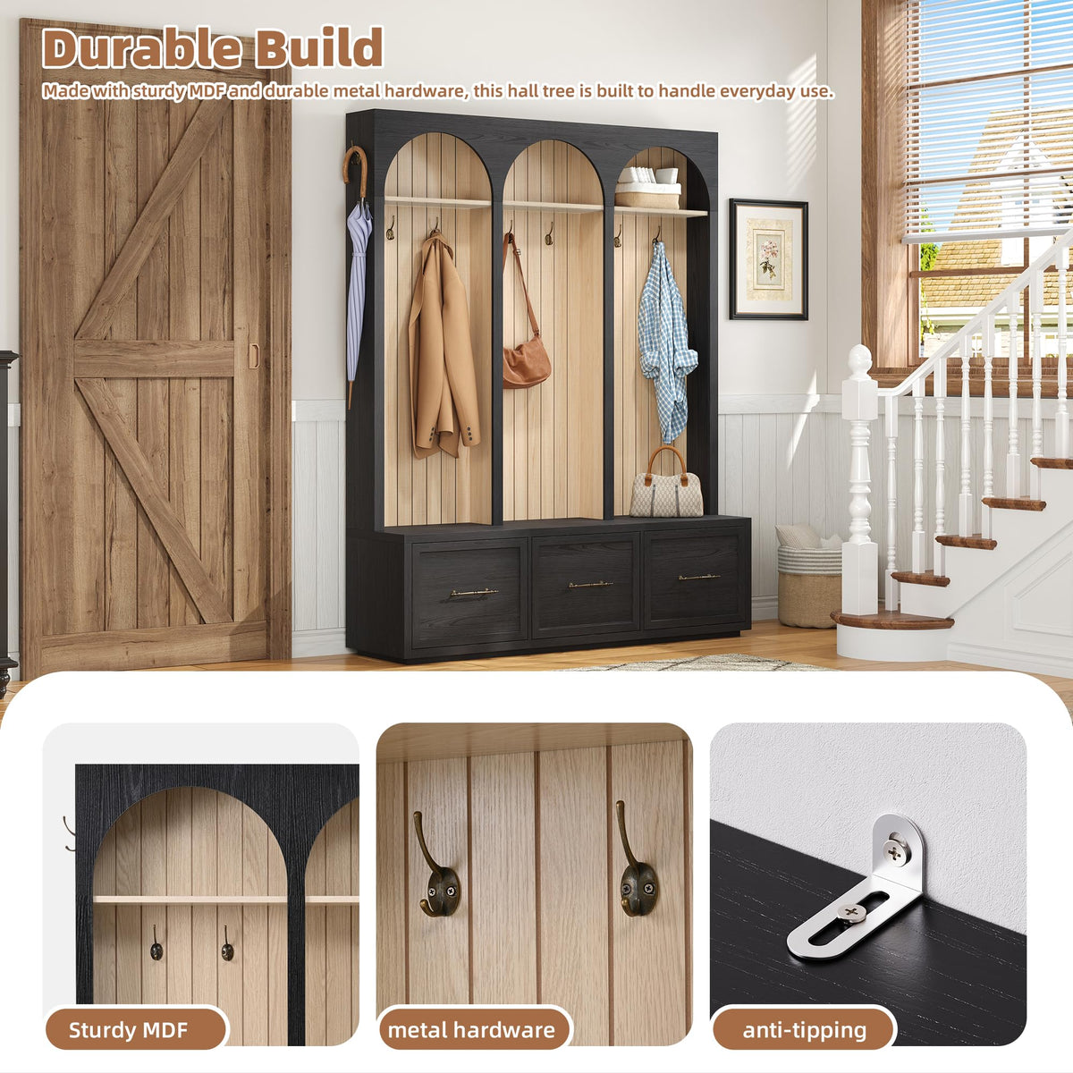 Farmhouse Wood Hall Tree with 8 Hooks and Storage Shoe Bench, Arched Mudroom Versatile Coat Racks with 3 Drawers