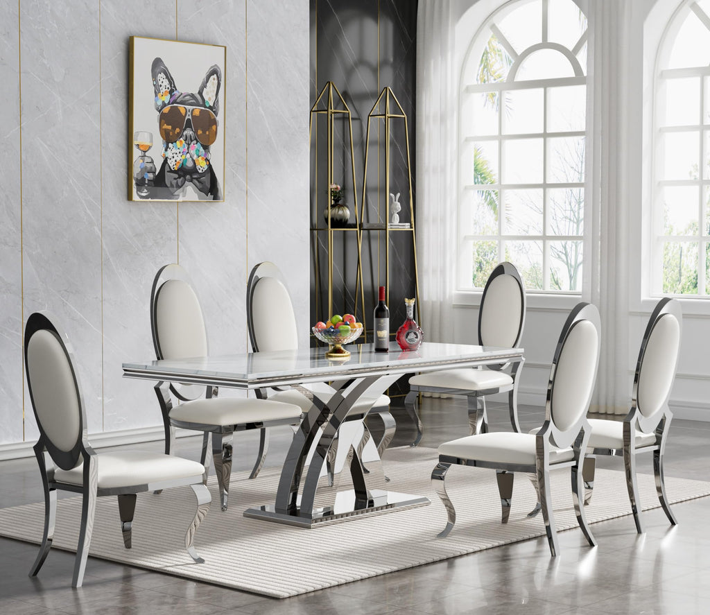 68''Silver Faux Marble Dining Table Set with 6 Leather Chair