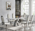 68''Silver Faux Marble Dining Table Set with 6 Leather Chair