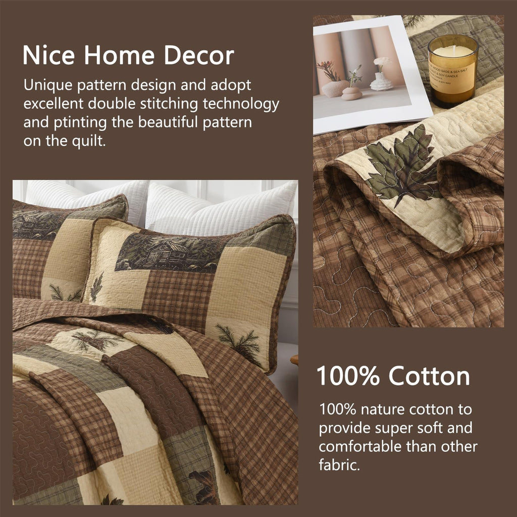 Cabin Quilt Set, 100% Cotton 3 Pieces Comforter Sets, Lodge Farmhouse Plaid Quilted Bedspread Coverlet