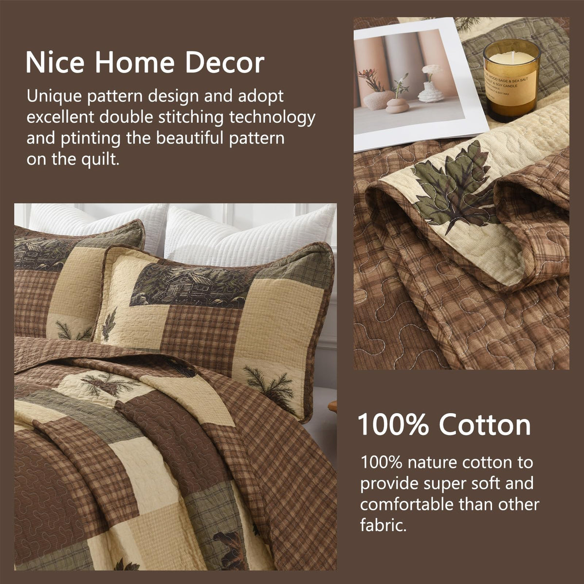 Cabin Quilt Set, 100% Cotton 3 Pieces Comforter Sets, Lodge Farmhouse Plaid Quilted Bedspread Coverlet