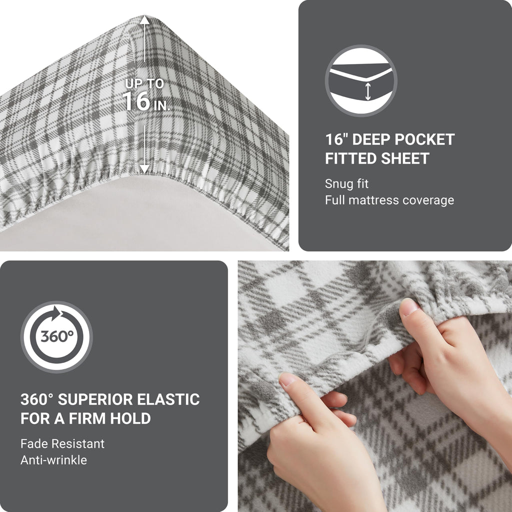 Sleep Philosophy Micro Fleece Sheets Bed Set 3 Piece, Grey Plaid